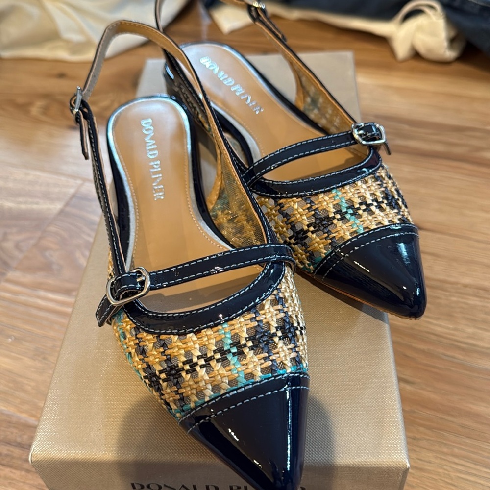 Donald Pliner sling backs.  New in box.  Navy multi, woven.  Size 7.